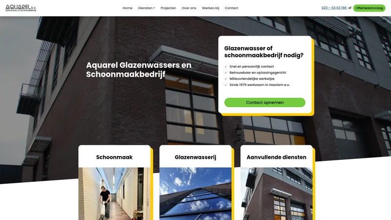 Website van Aquarel bv Glazenwassers en Schoonmaakbedrijf