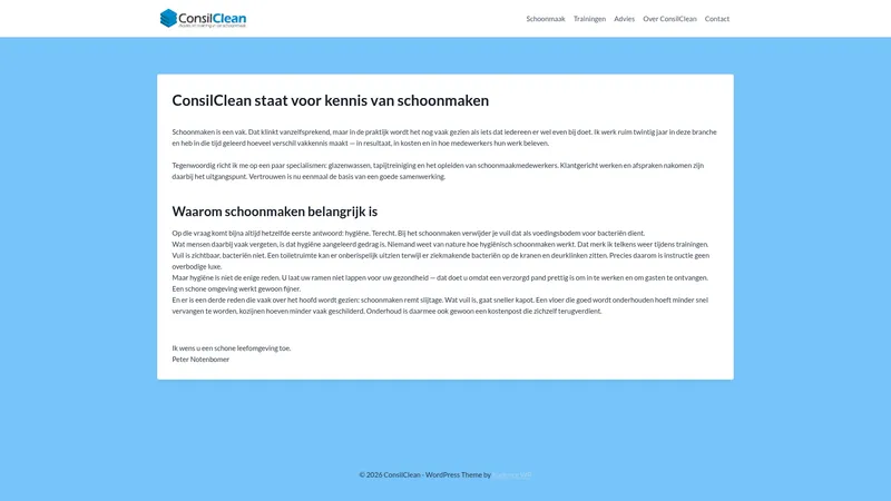 Website van ConsilClean, Advies & Opleiding, Schoonmaak & Glasbewassing