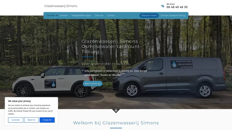 Website van Glazenwasserij schoonmaakdiensten en osmosewater tankpunt Simons