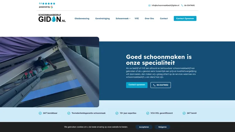 Website van Schoonmaakbedrijf Gidon Voor al uw glasbewassing, gevelreiniging en VVE