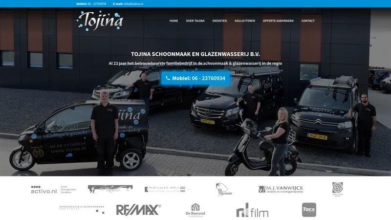 Website van Tojina Schoonmaak en Glazenwasserij B.V.