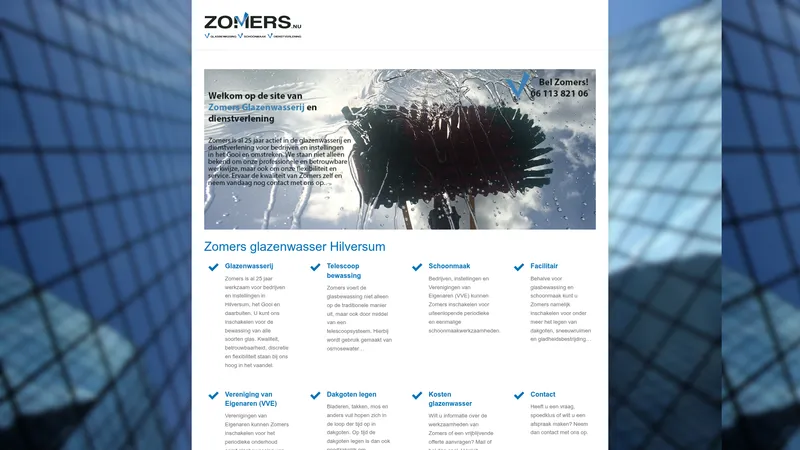 Website van Zomers glazenwasserij en dienstverlening