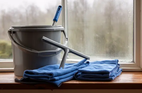 Emmer, wisser en doeken van een glazenwasser op een vensterbank